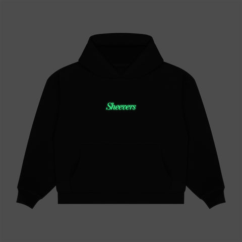 black oversize hoodie sheevers with glow in the dark embroidery