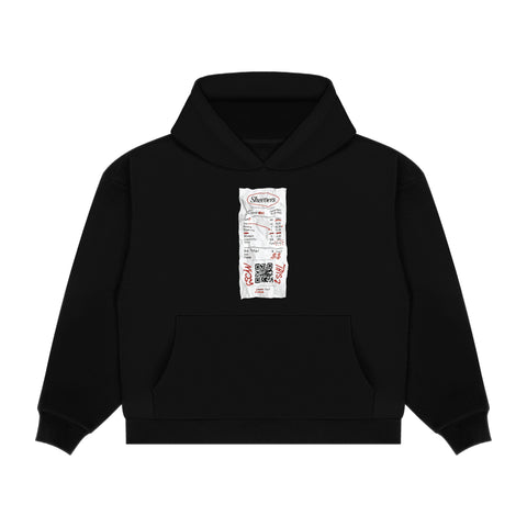 black oversized sheevers hoodie with receipt and qr code print