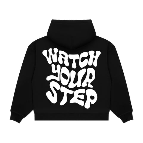 black oversized sheevers hoodie with white puffed print