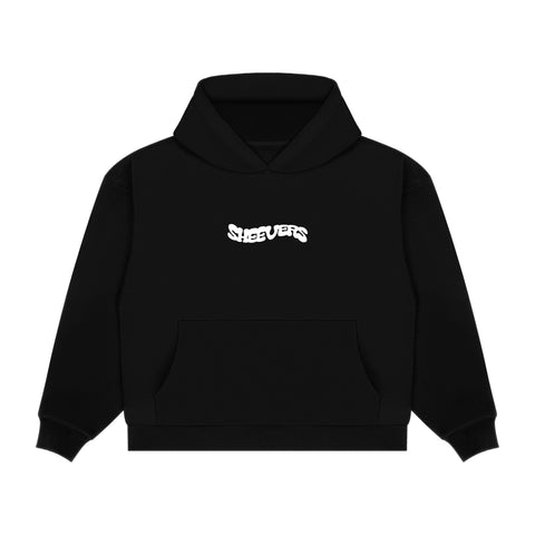 black oversized sheevers hoodie with white puffed print